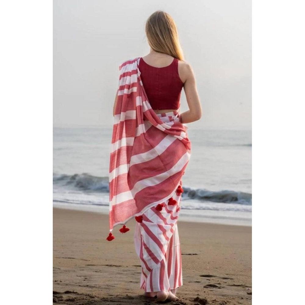Women's Linen Printed Saree — Red · hyrd