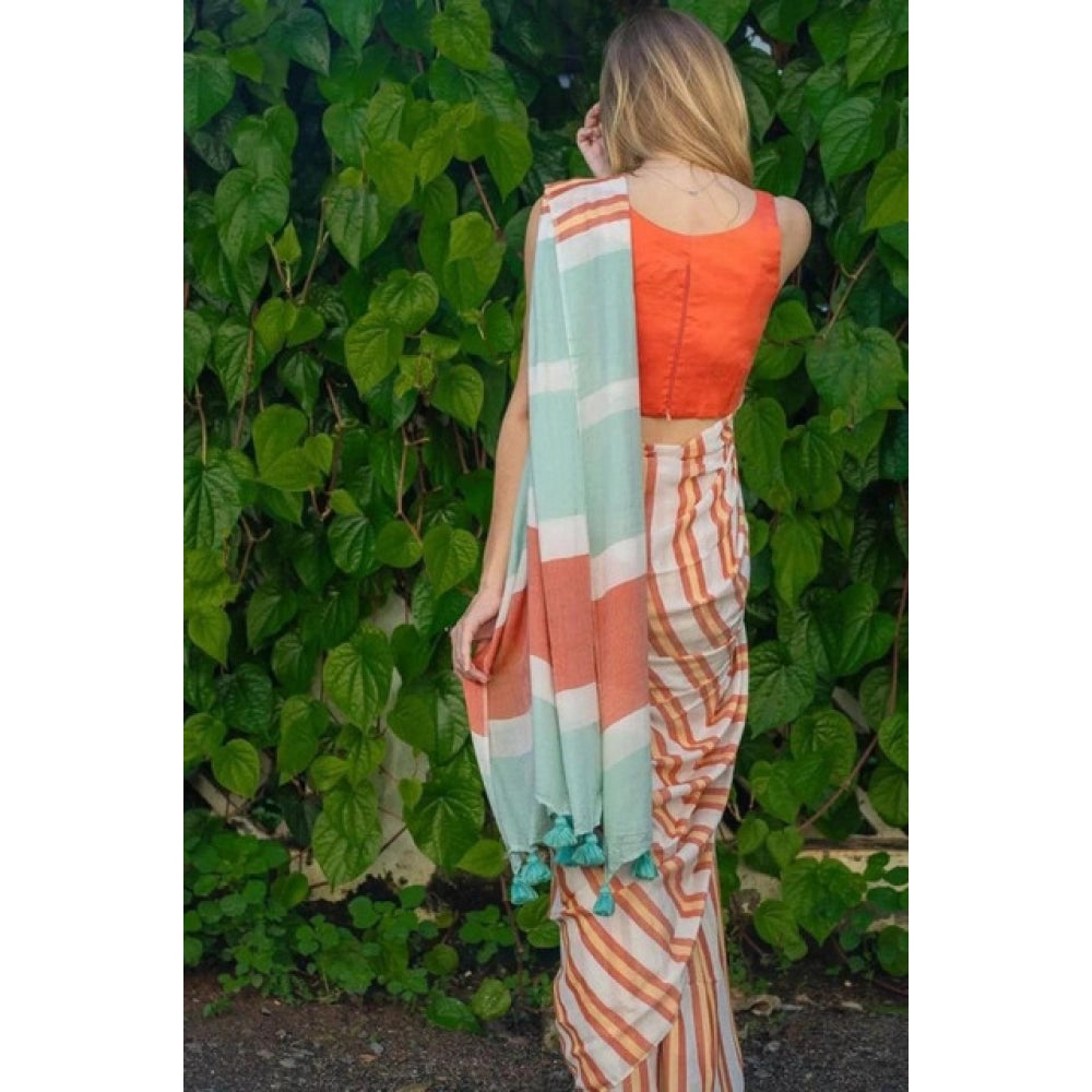 Women's Linen Printed Saree — Orange · Orng