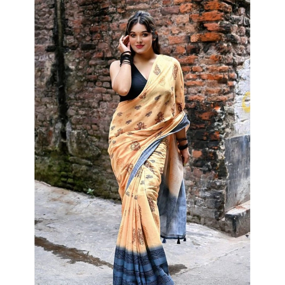 Women's Linen Printed Saree — Peach