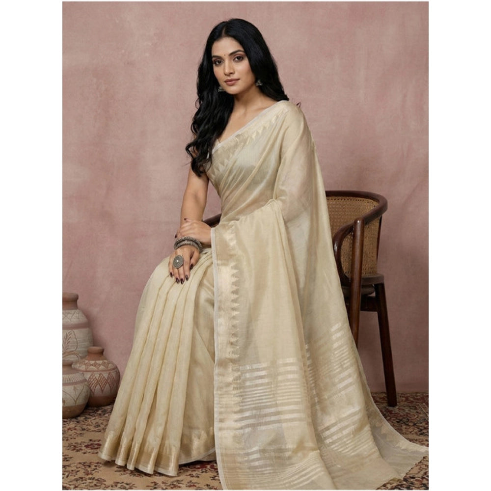 Women's Cotton Printed Saree — Cream · 1002