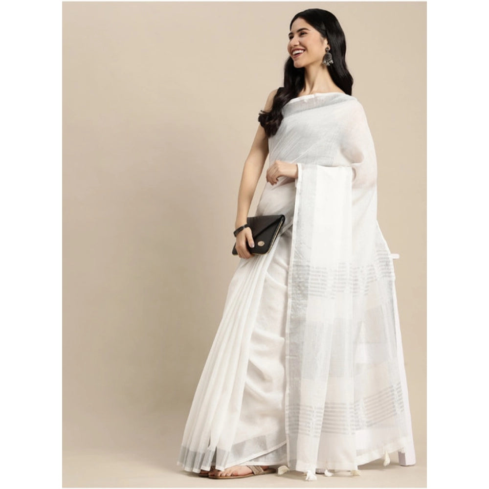 Women's Linen Cotton Printed Saree — White · 1019
