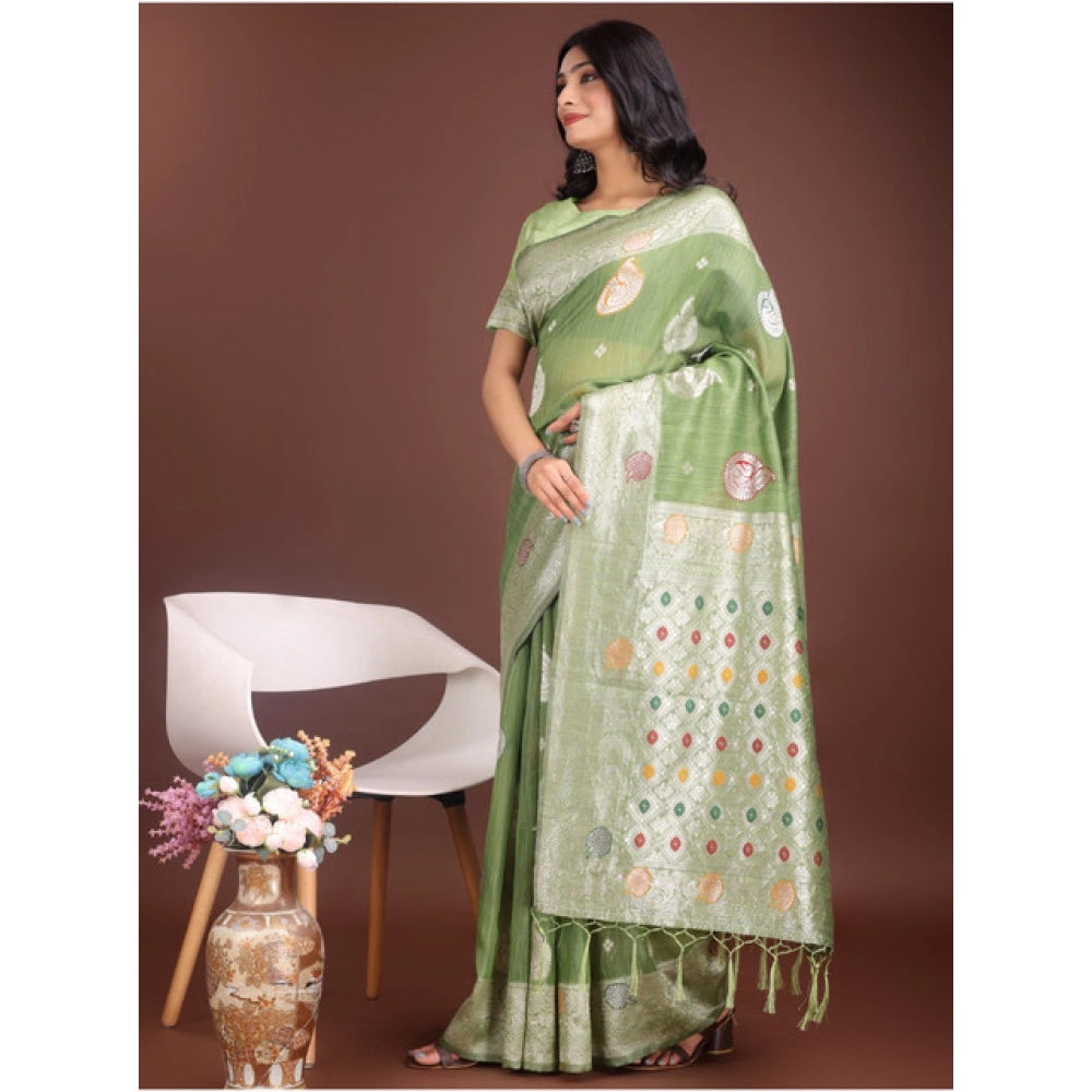 Women's Linen Cotton Printed Saree — Light Green · 1025