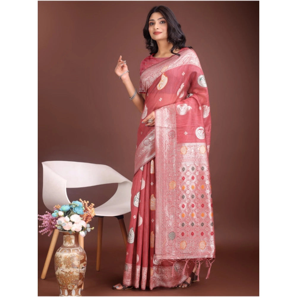Women's Linen Cotton Printed Saree — Pink · 1026