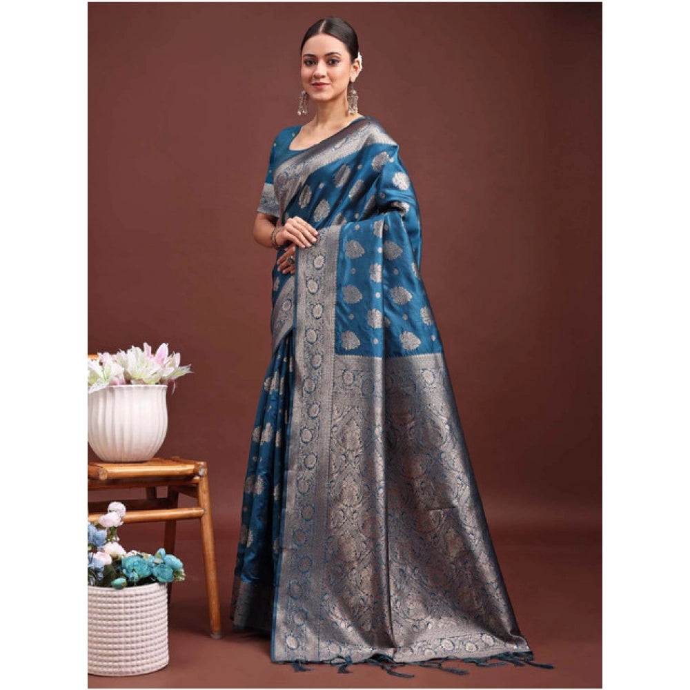 Women's Banarasi Silk Printed Saree — Teal Blue · 1040