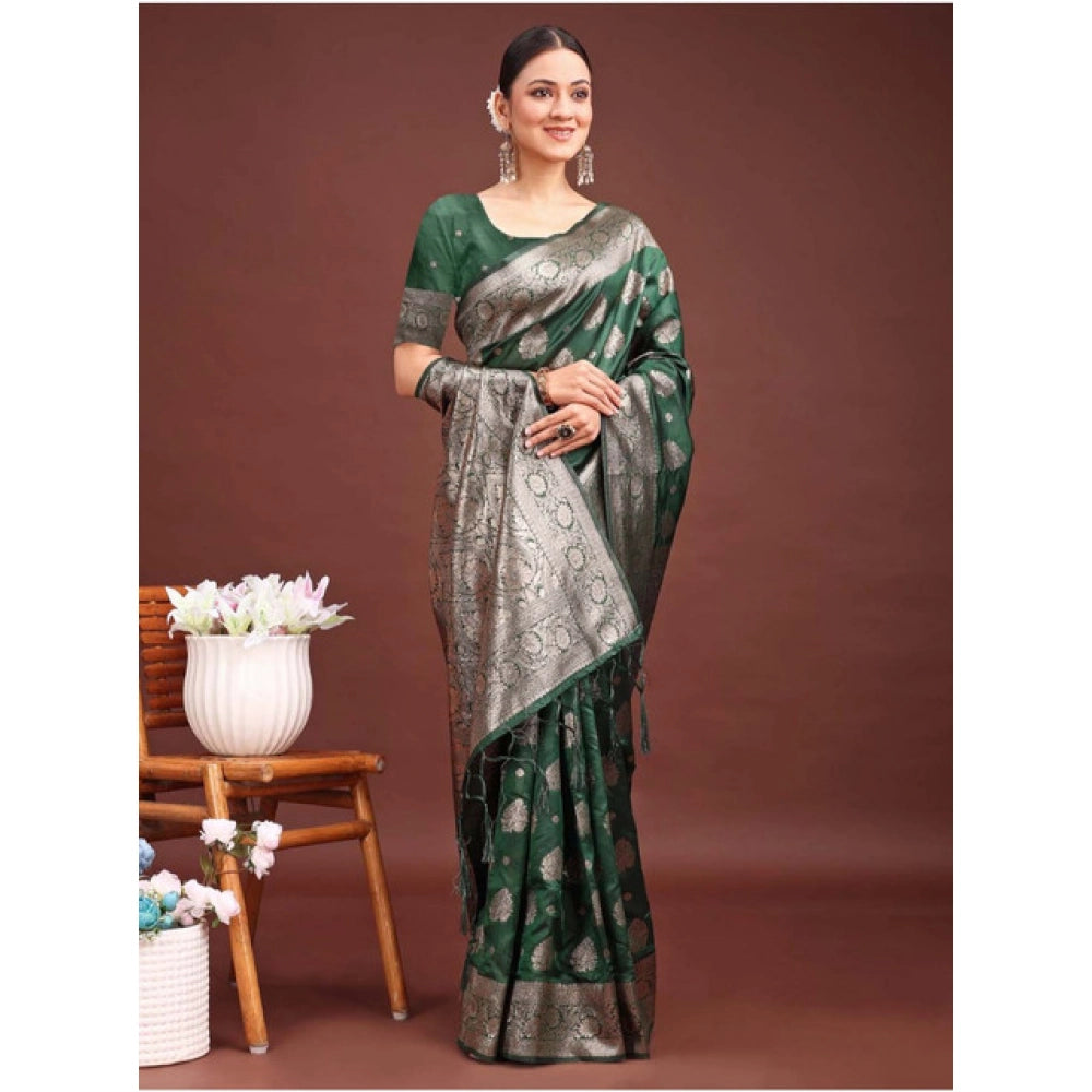Women's Banarasi Silk Printed Saree — Dark Green · 1041