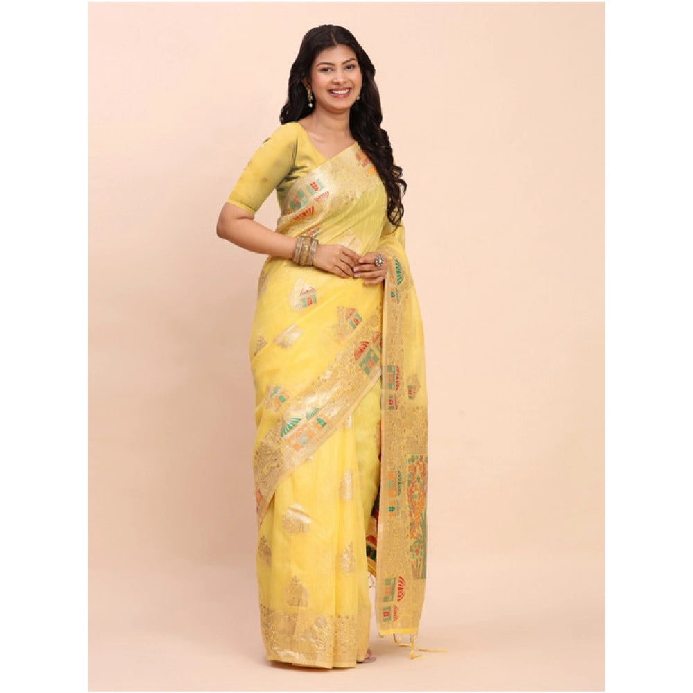 Women's Linen Cotton Printed Saree — Yellow · 1080