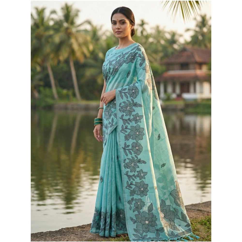 Women's Linen Cotton Printed Saree — Sea Green · 1084