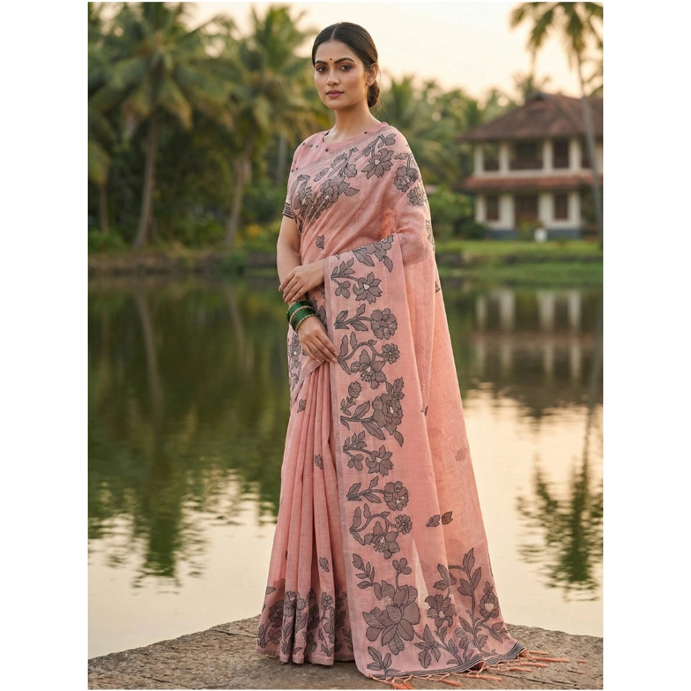 Women's Linen Cotton Printed Saree — Peach · 1085