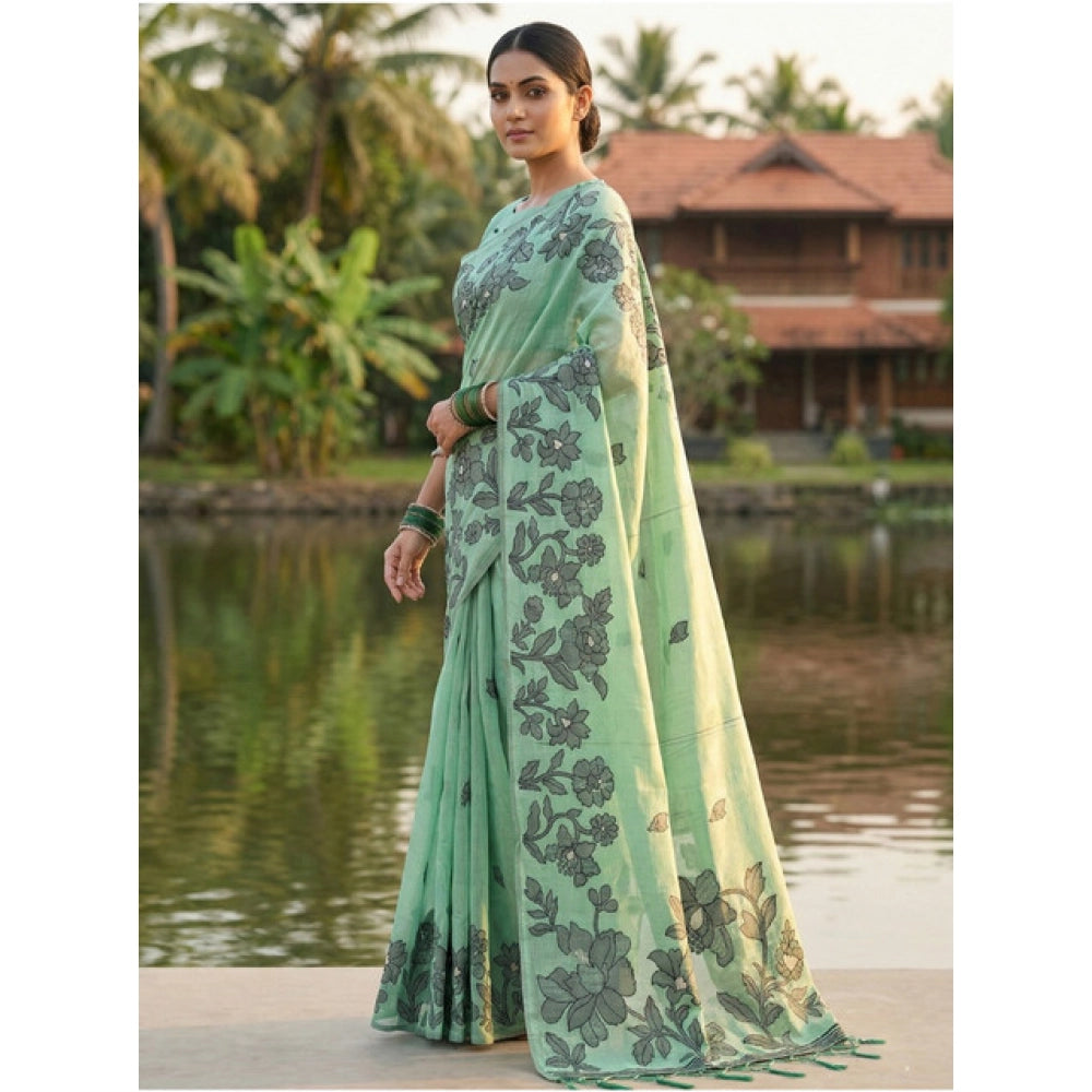 Women's Linen Cotton Printed Saree — Rama Green