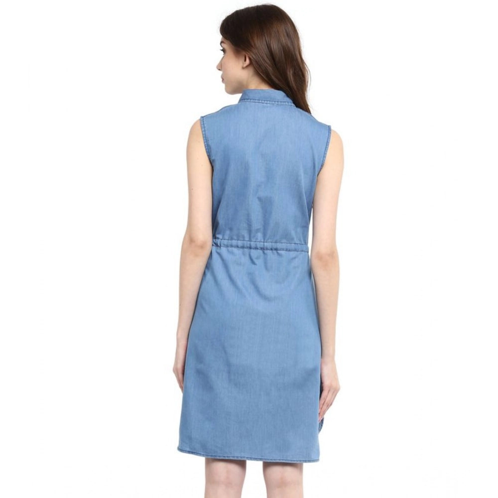 Women's Denim Solid Sleeveless Dress — Blue · 14_L