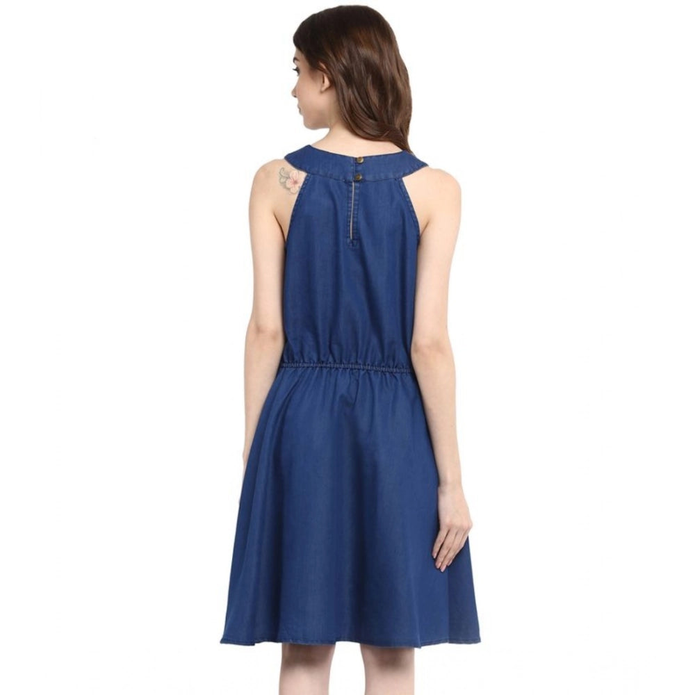 Women's Denim Solid Sleeveless Dress — Blue · 15_L