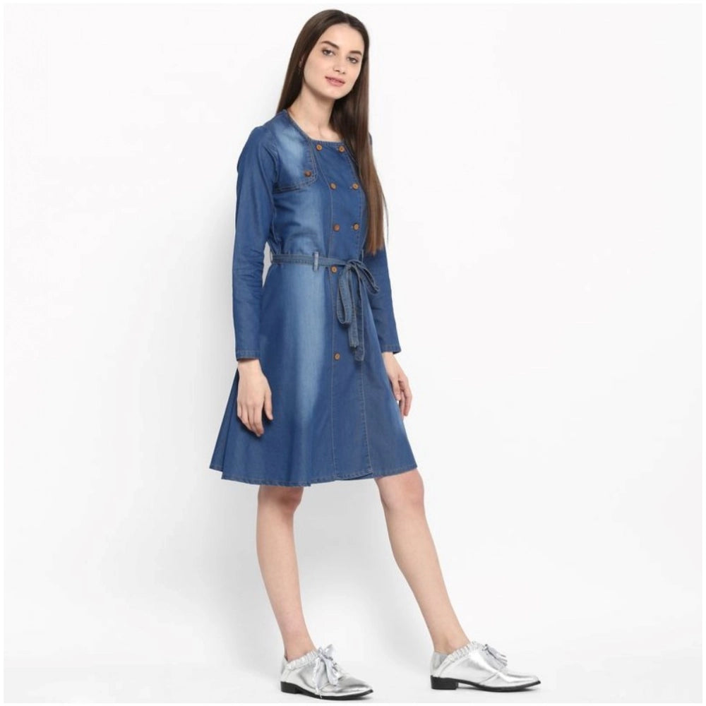 Women's Denim Washed Regular Sleeves Dress — Blue