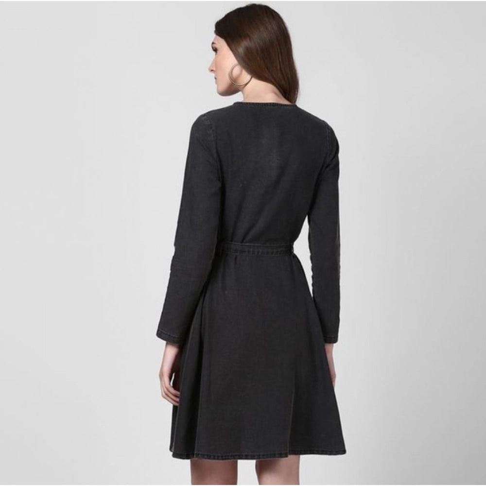 Women's Denim Washed Long Sleeves Dress — Black