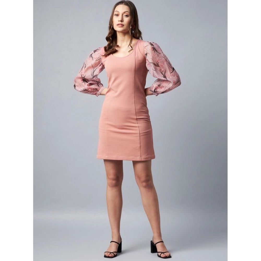 Women's Lycra And Organza Floral Balloon Sleeve Dress — Pink