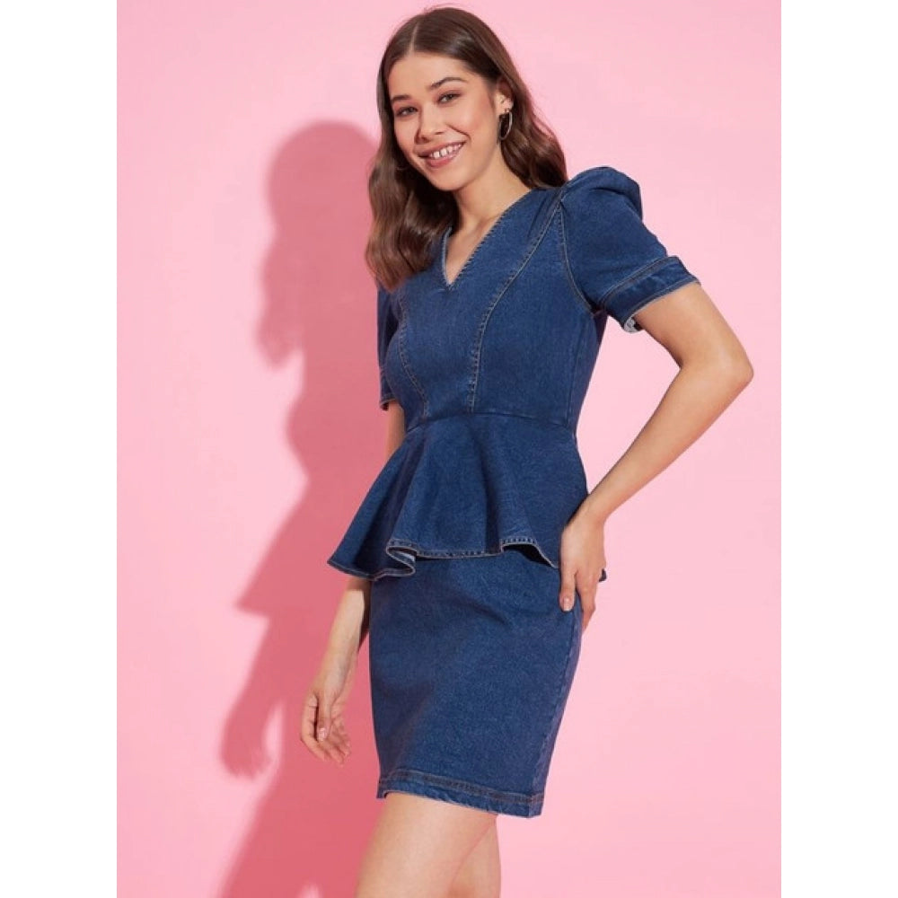 Women's Denim Solid Puff Sleeves Dress — Blue