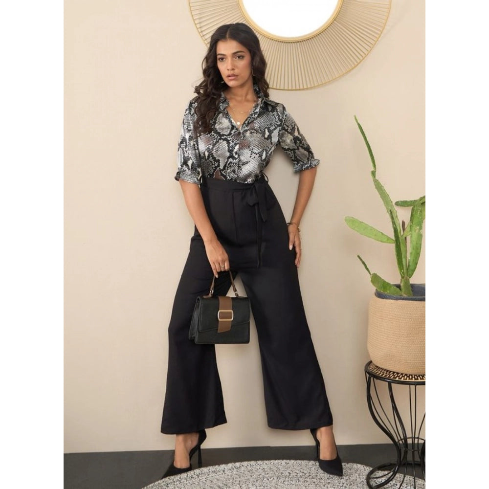 Women's Satin And Floral Half Sleeves Jumpsuit — Grey - Black