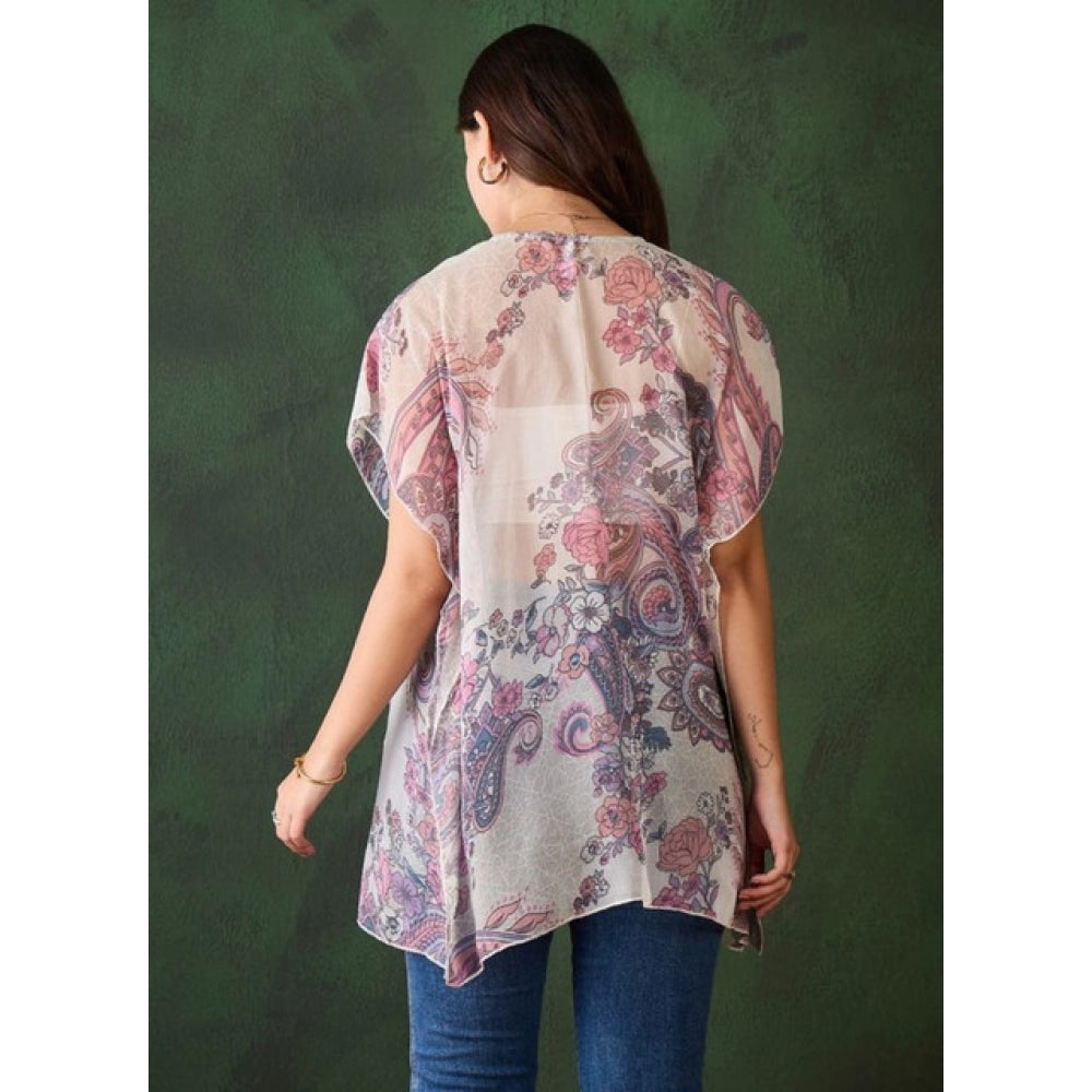 Women's Chiffon Printed Short Sleeves Shrug — White - Purple