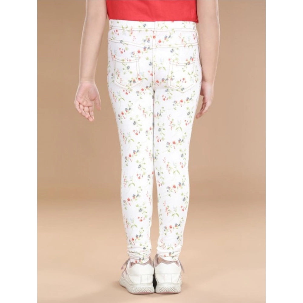 Girl's Cotton Lycra Floral Elasticated Jeggings — White-Green