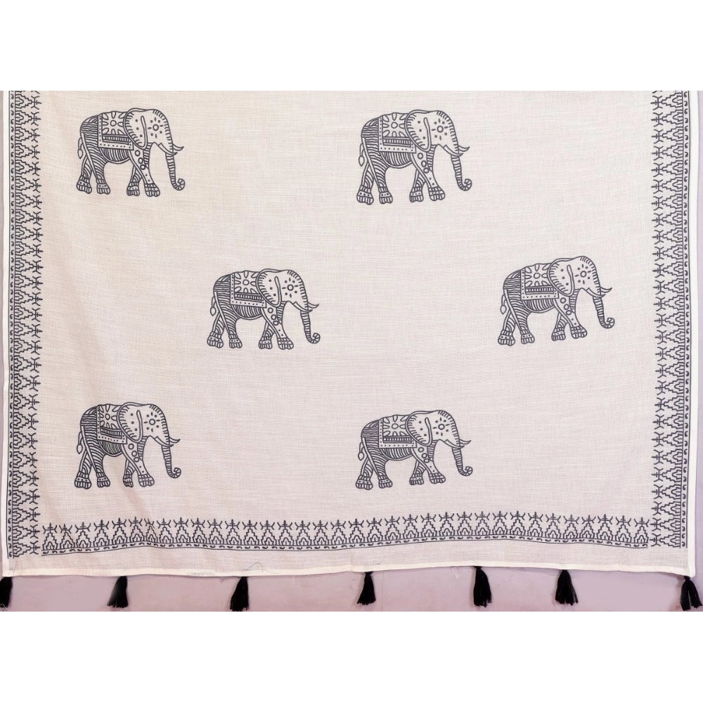 Women's Linen Cotton Printed Saree — Off White · 1923