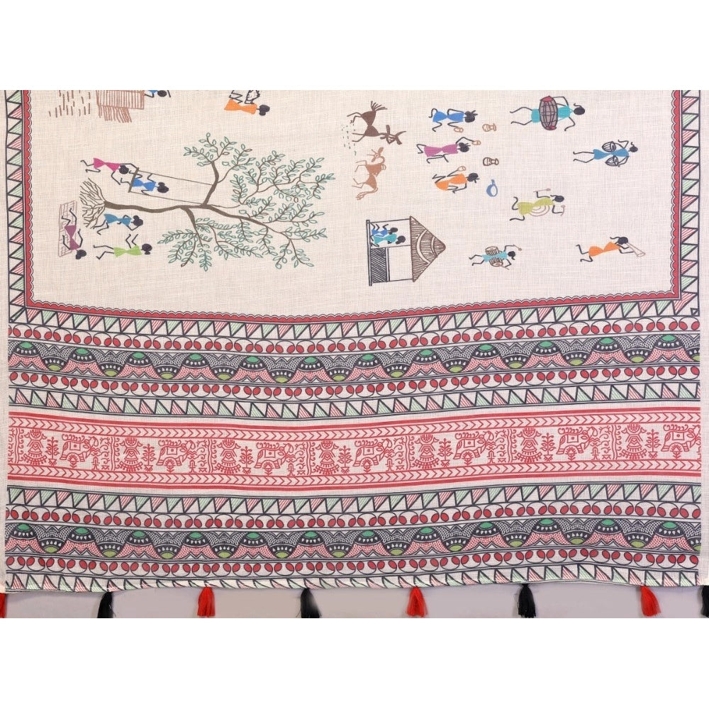 Women's Linen Cotton Printed Saree — Off White · 1928