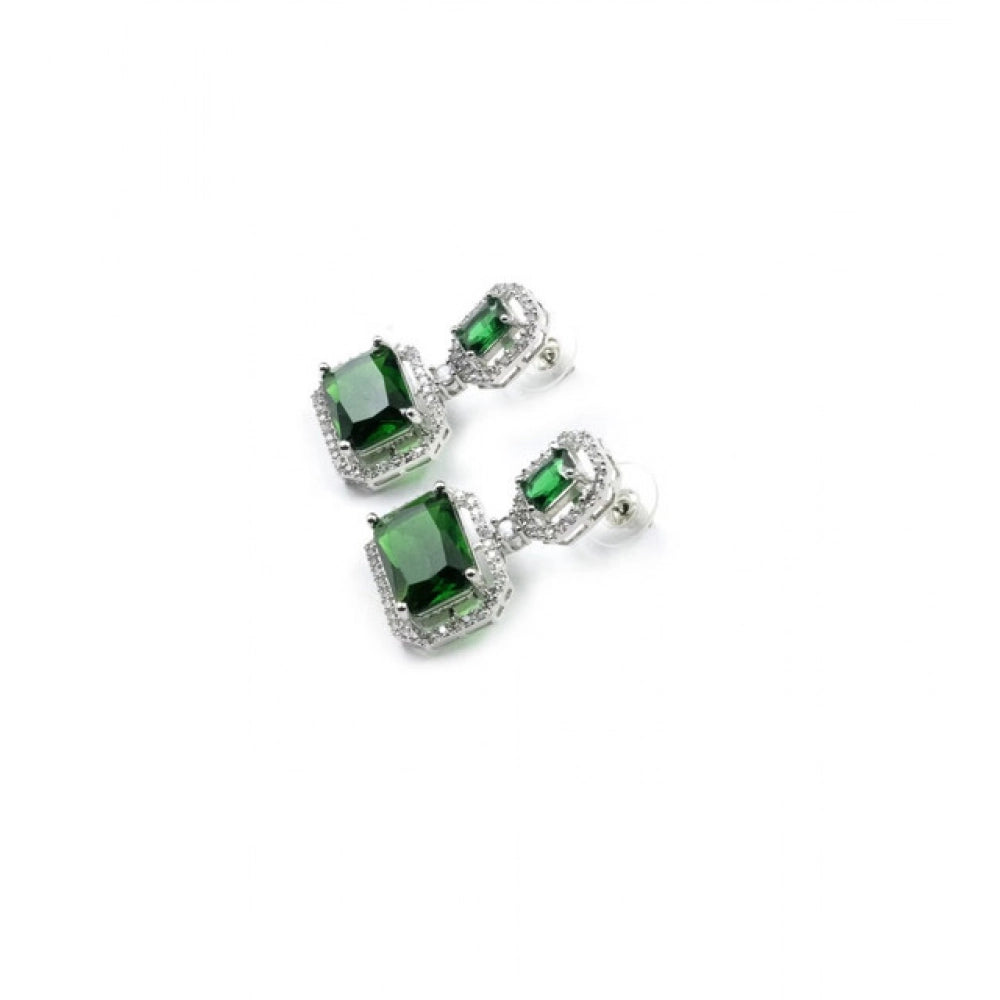 Women's Brass Silver Plated Drop Earrings — Green · 1966