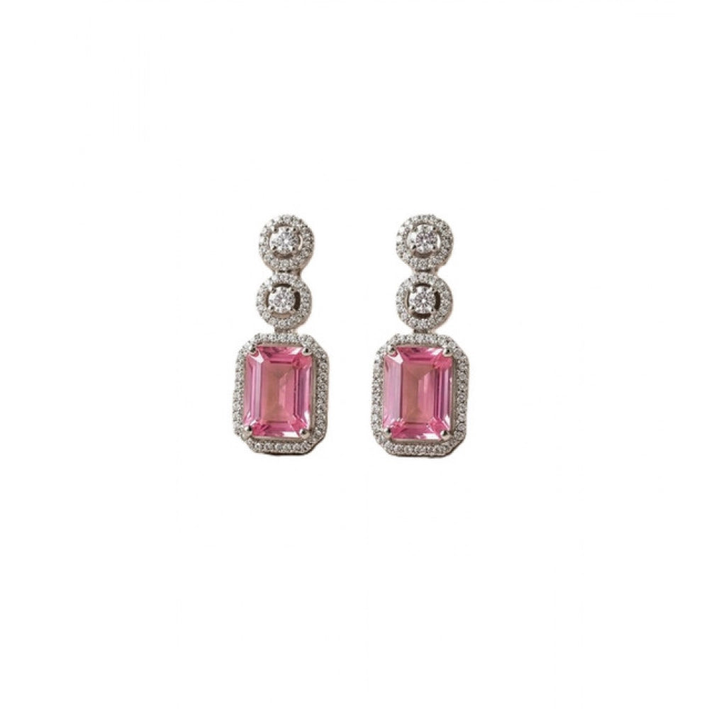 Women's Brass Silver Plated Drop Earrings — Pink · 1982