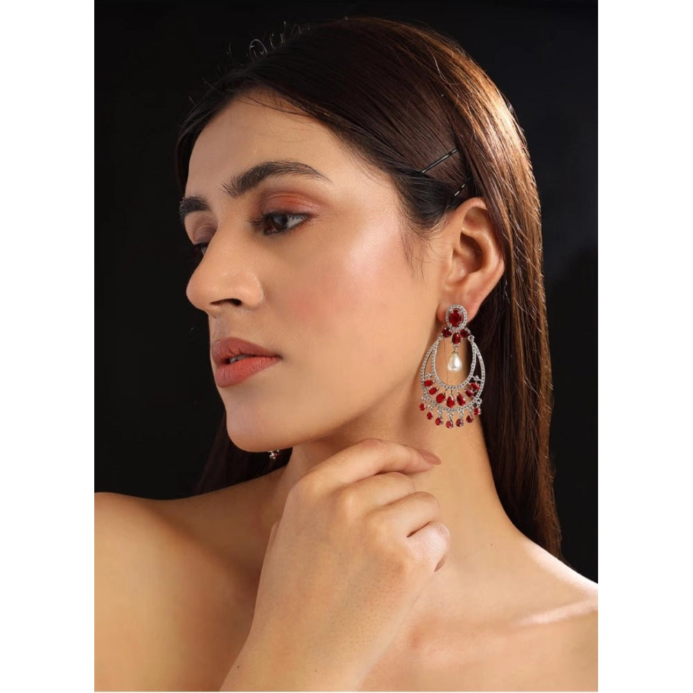 Women's Brass Silver Plated Chandbali Earrings — Red