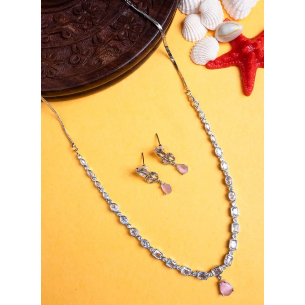 Women's Brass Silver Plated Necklace Set — Pink · 2029