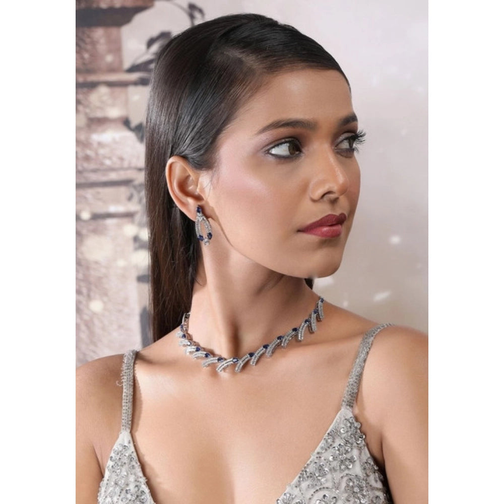Women's Brass Silver Plated Necklace Set — Blue · 2036