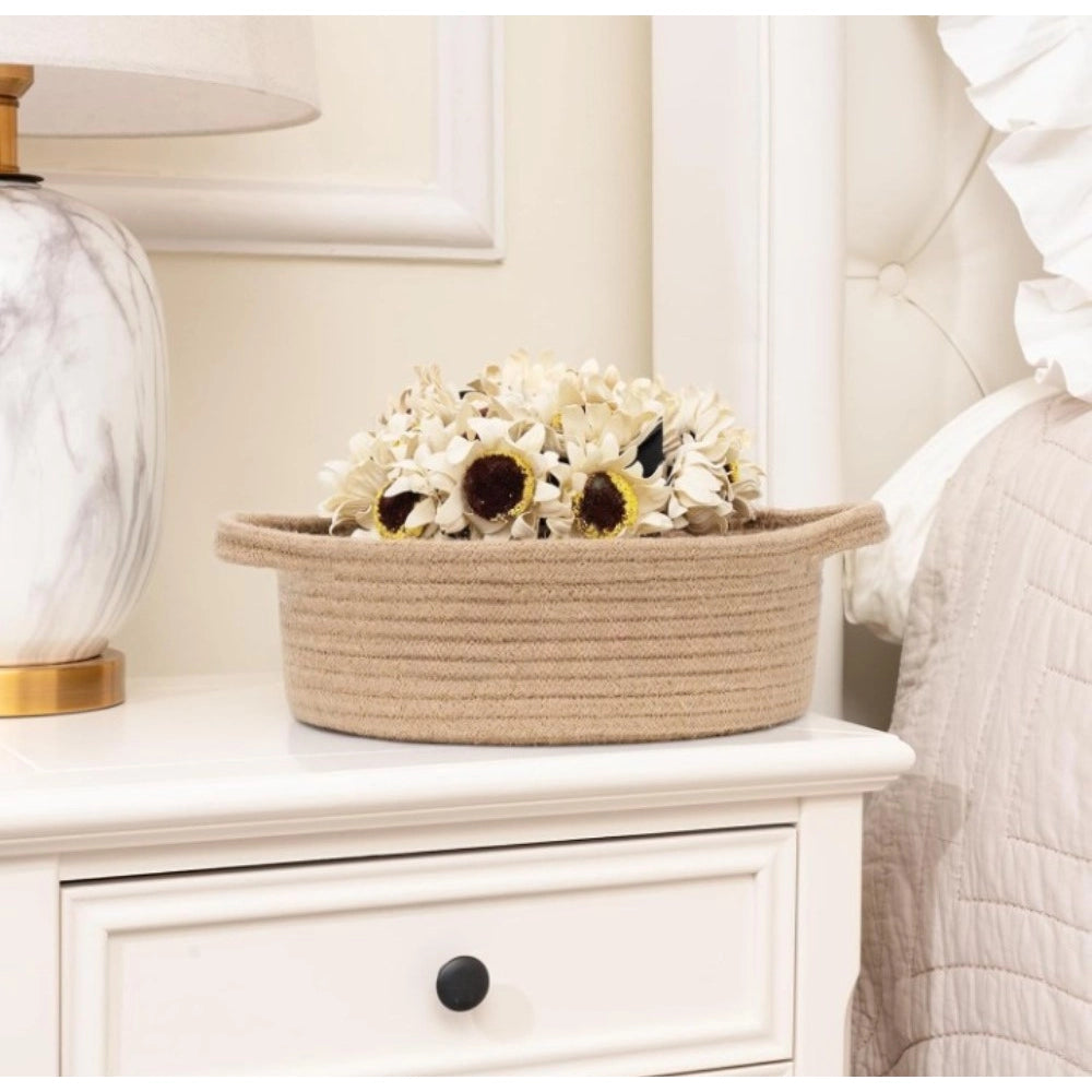 Cotton 8X3 Inch Round Bedside Organizer — Beige