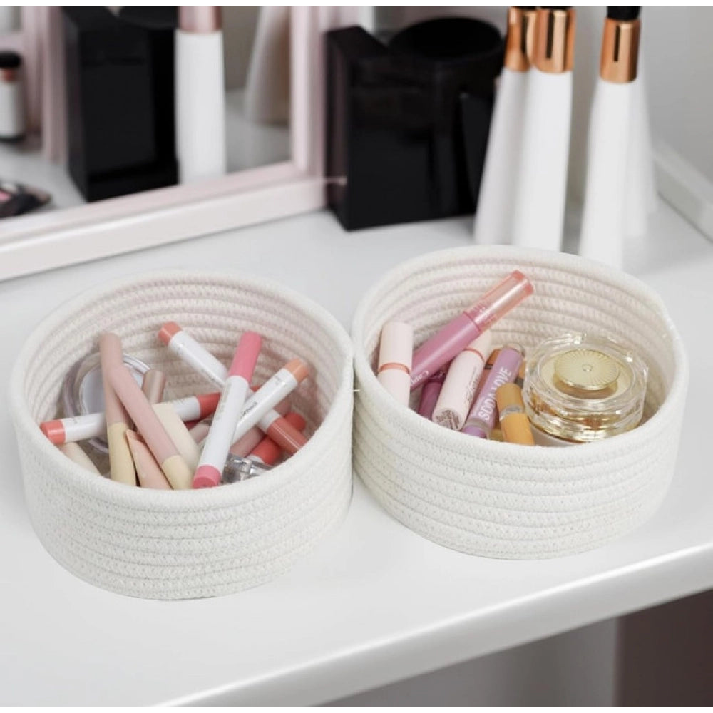 Cotton 8X3 Inch Round 3 Set Bedside Organizer — White