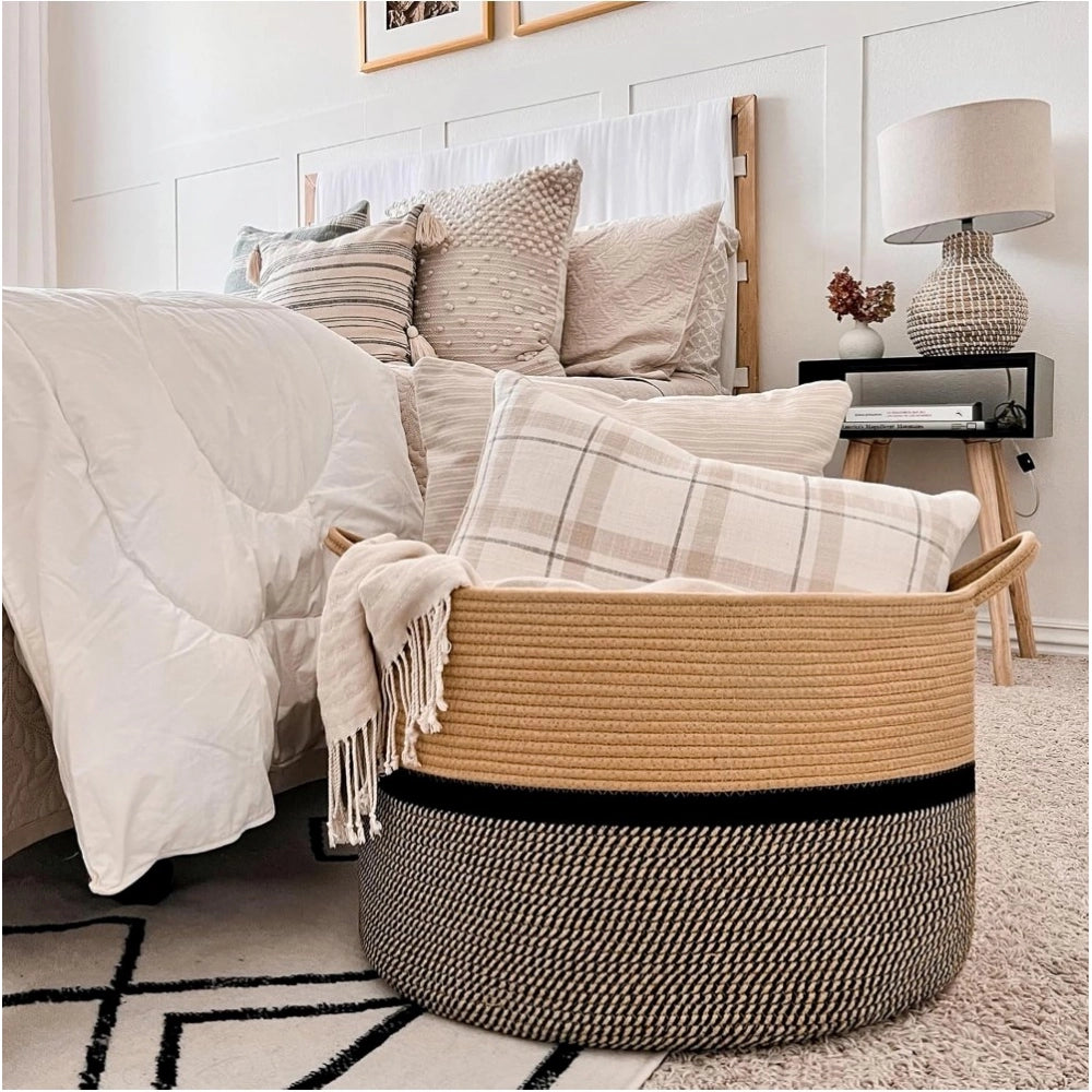Cotton Dori 16X14 Inch Storage Basket For Clothes — Beige-Beige-Black