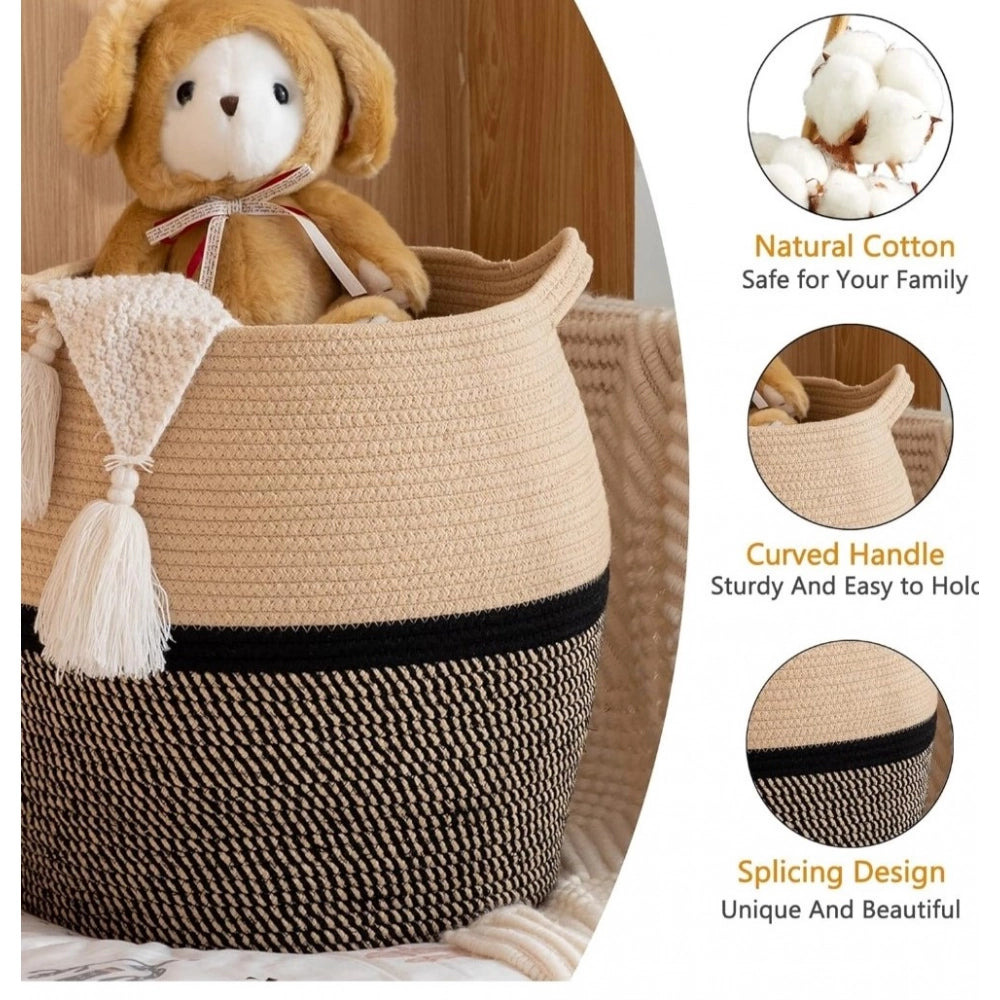 Cotton Matka 14X12 Inch Storage Basket For Clothes — Beige-Black