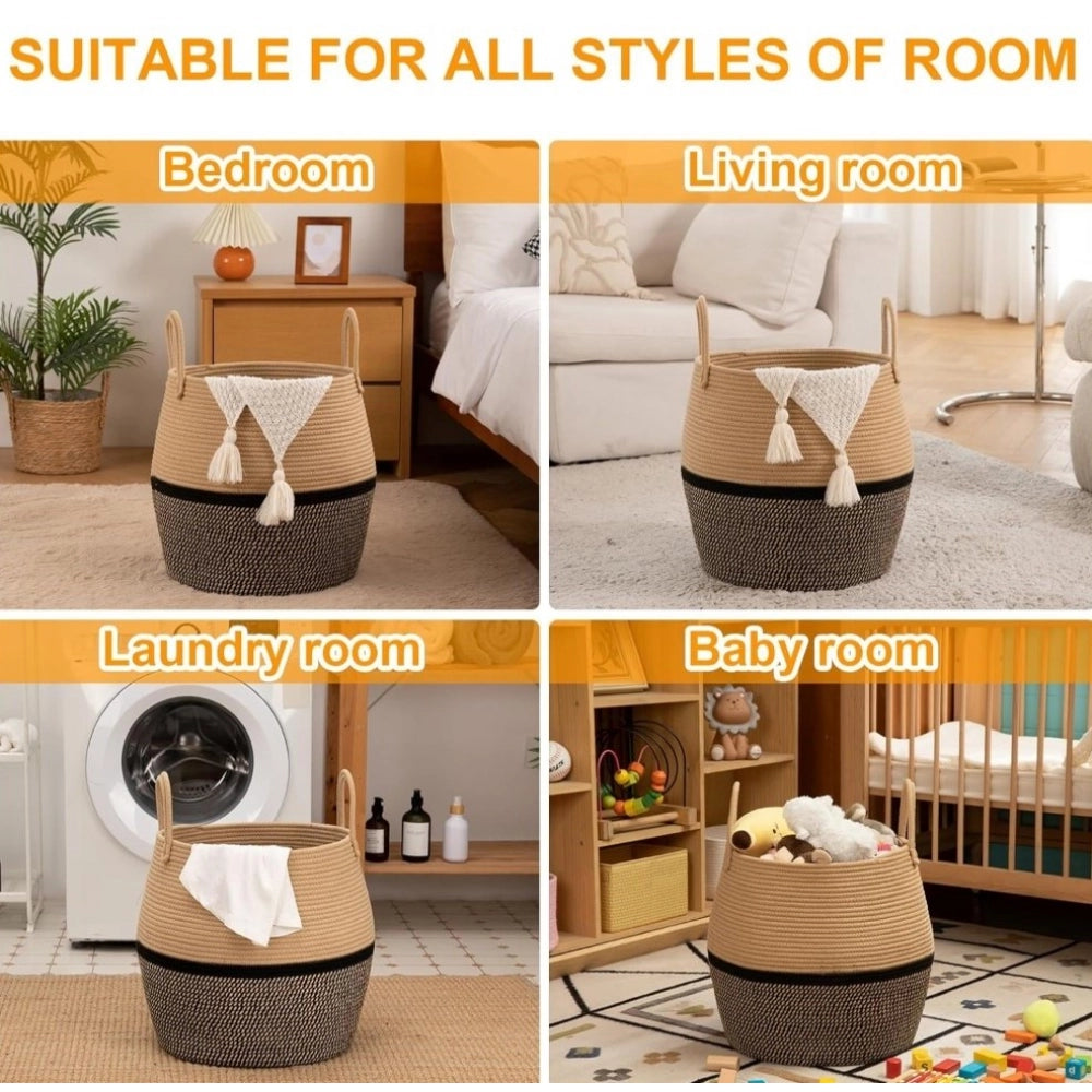 Cotton Matka With Handle 14X12 Inch Storage Basket For — Beige-Black
