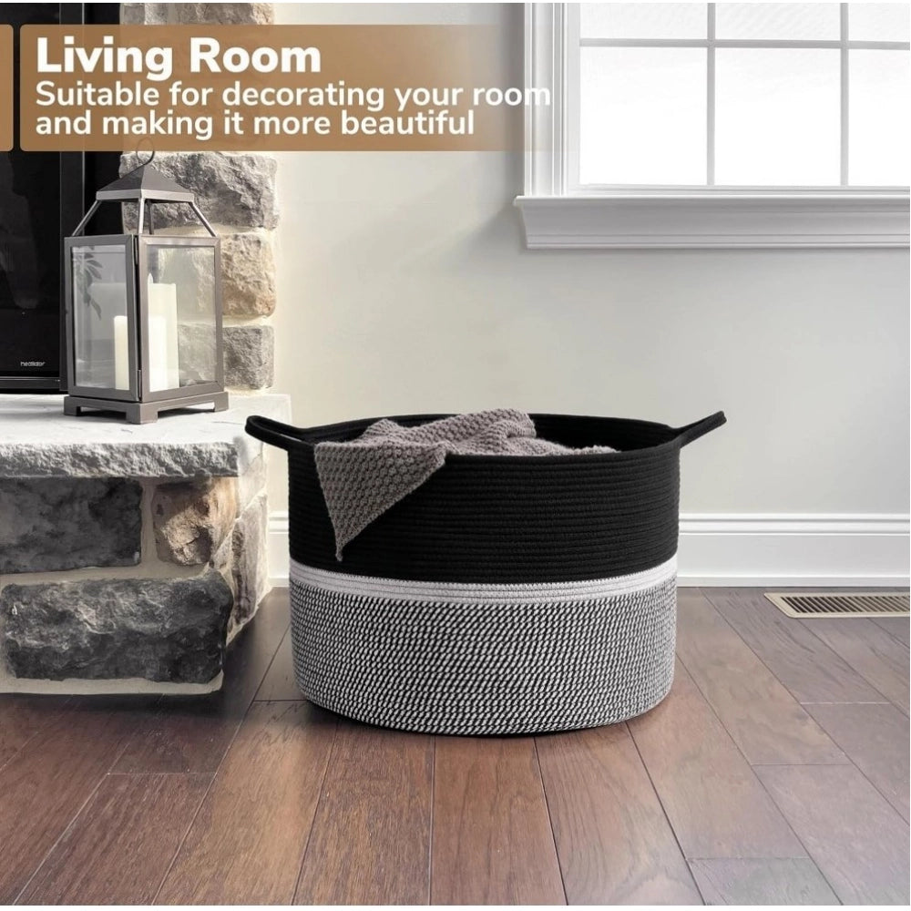 Cotton Dori 16X14 Inch Storage Basket For Clothes — Black-Black-White