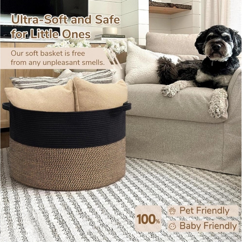 Cotton Pack Of_1 16X14 Inch Storage Basket For Clothes — Black-Beige-Black