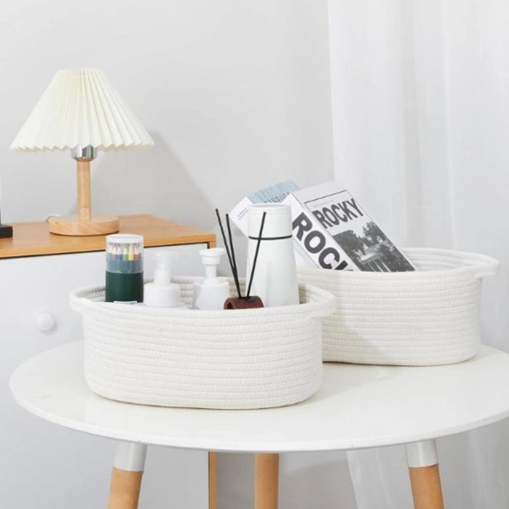 Cotton 10X7X4 Inch2 Pcs Oval Storage Basket For Clothes — White