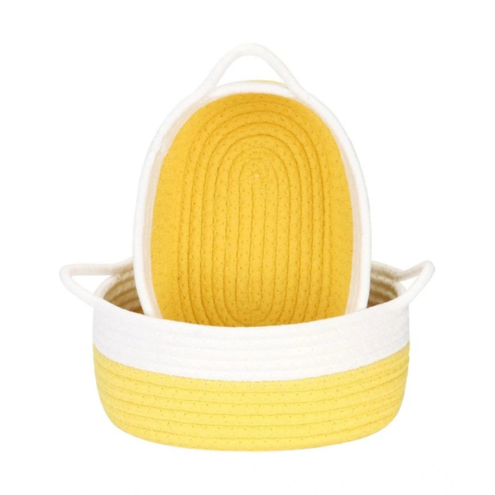 Cotton White 2 Pcs Storage Basket For Clothes — Yellow-White