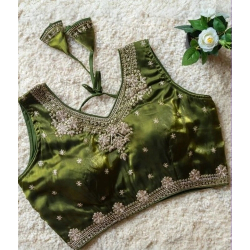 Women's Silk Embroidered V-Neck Sleeveless Readymade Padded Blouse — Mahendi