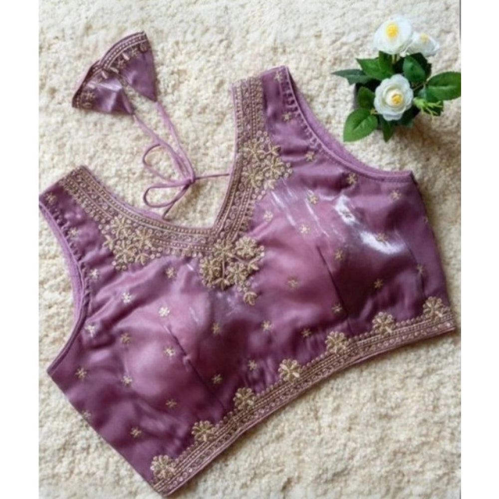 Women's Silk Embroidered V-Neck Sleeveless Readymade Padded Blouse — Purple