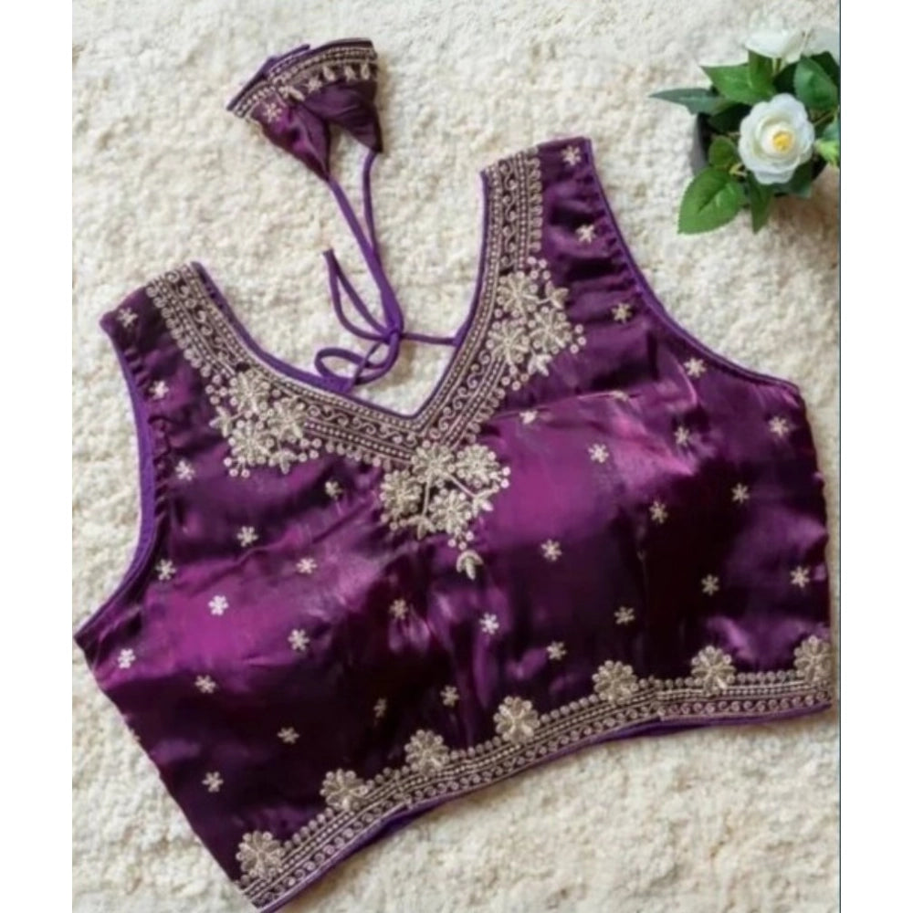 Women's Silk Embroidered V-Neck Sleeveless Readymade Padded Blouse — Wine