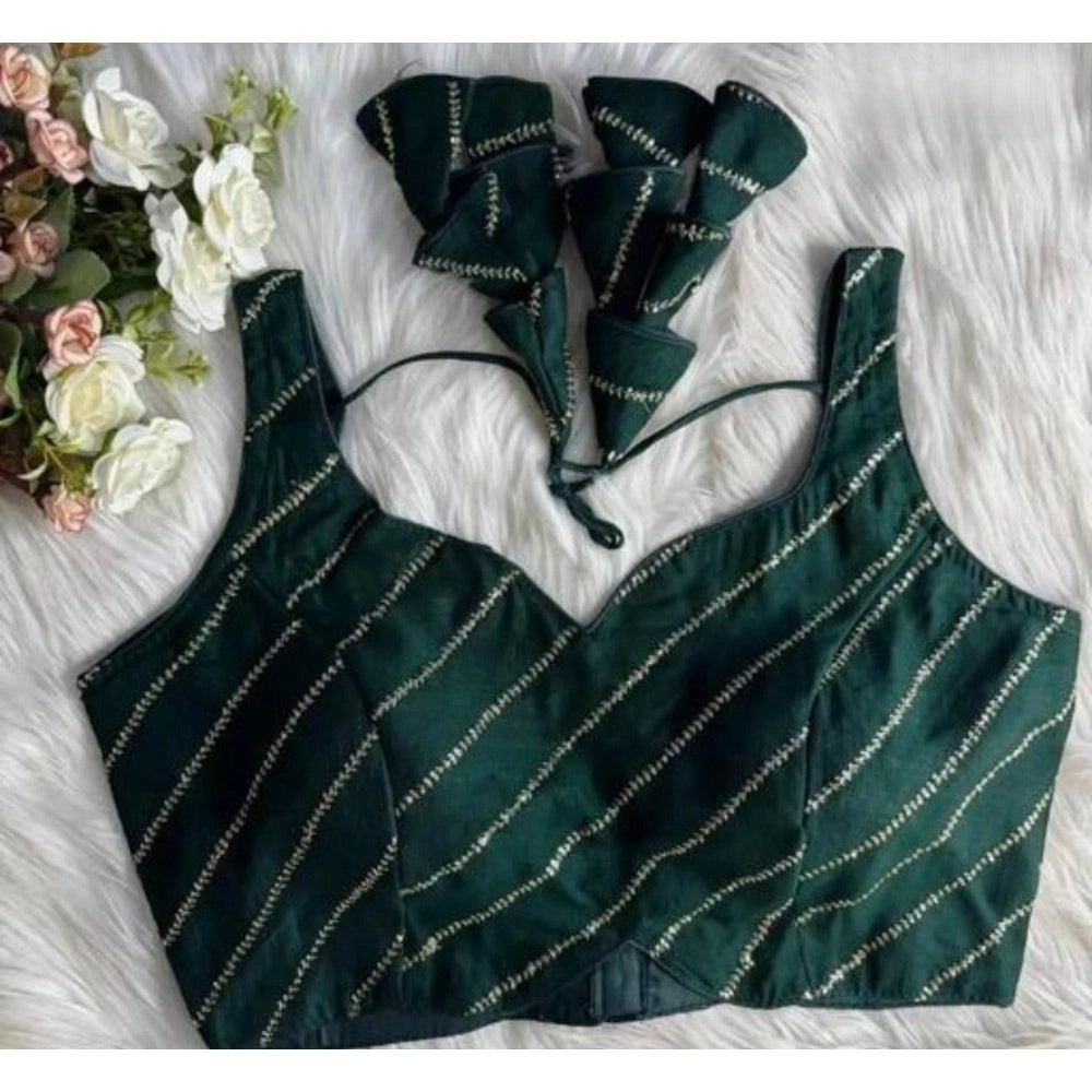 Women's Silk Embellished Sweetheart Neck Sleeveless Readymade Padded Blouse — Green