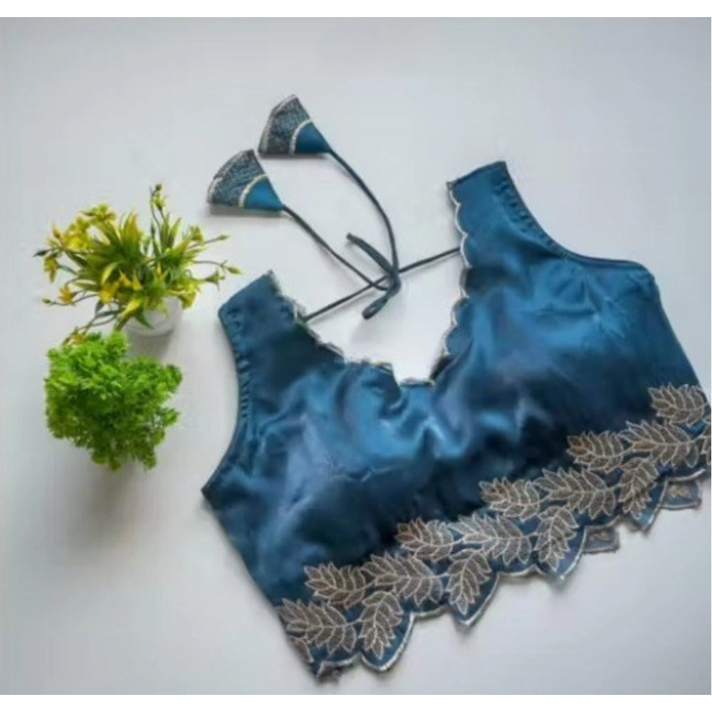 Women's Silk Embroidered Sweetheart Neck Sleeveless Readymade Padded Blouse — Blue