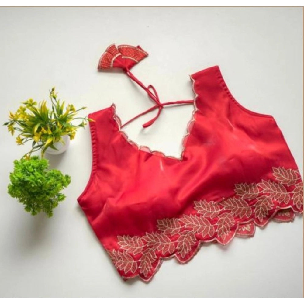 Women's Silk Embroidered Sweetheart Neck Sleeveless Readymade Padded Blouse — Red
