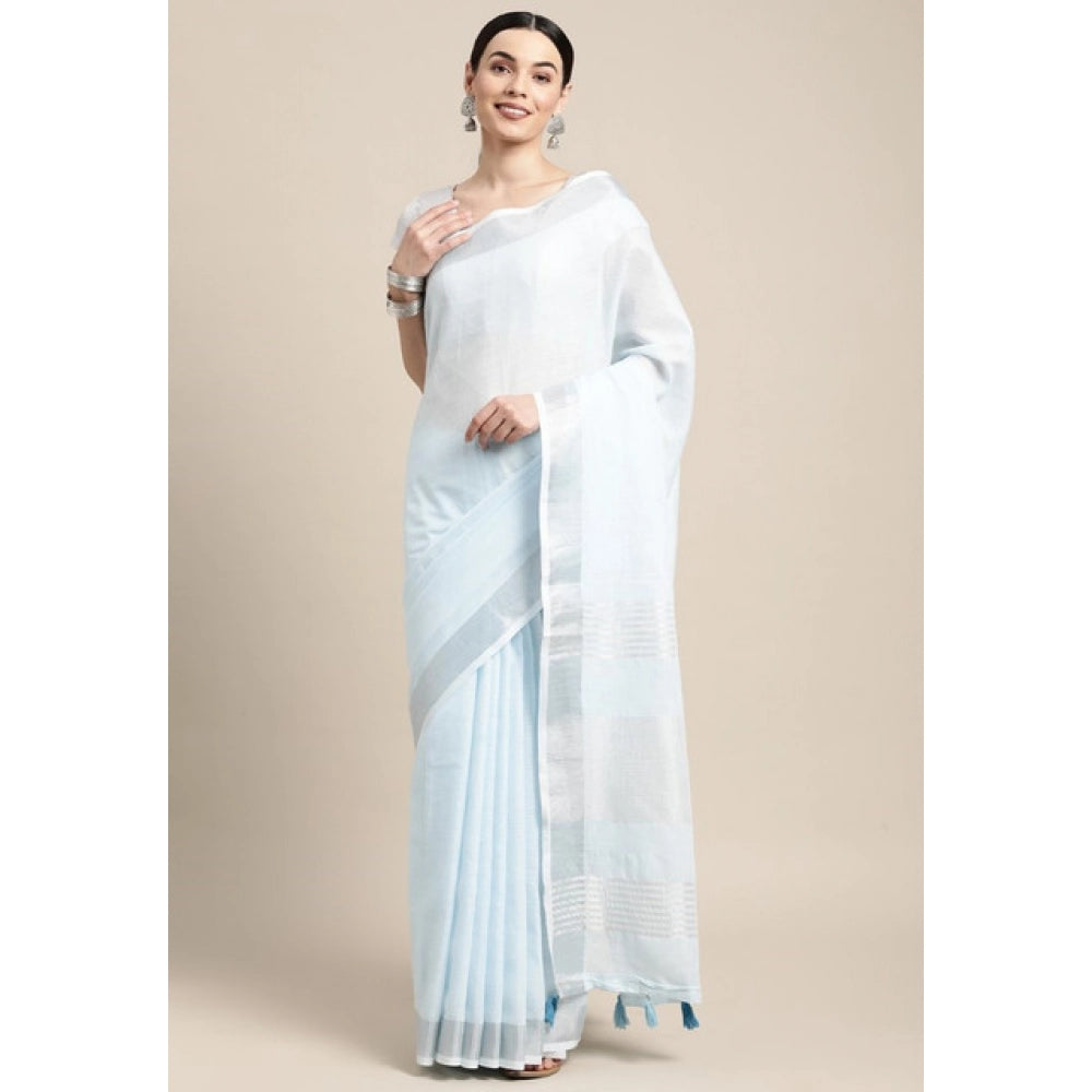Women's Linen Cotton Striped Saree — Sky Blue