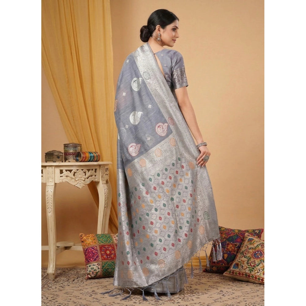 Women's Linen Cotton Printed Saree — Grey · 2479