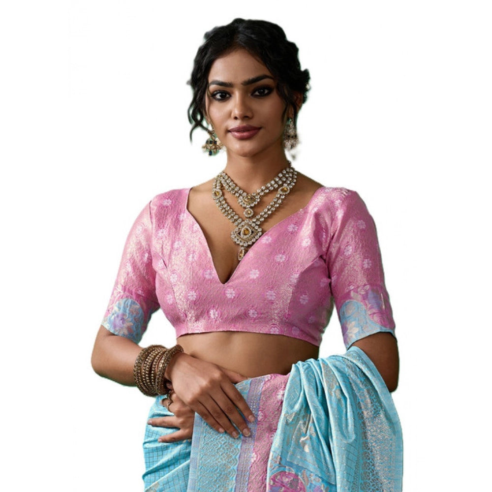 Women's Linen Cotton Printed Saree — Sky Blue · 2486