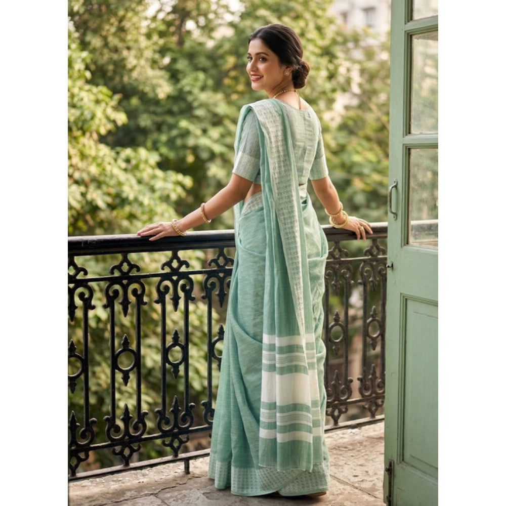 Women's Linen Striped Saree — Sea Green