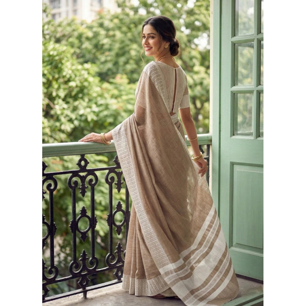 Women's Linen Striped Saree — Lite Brown