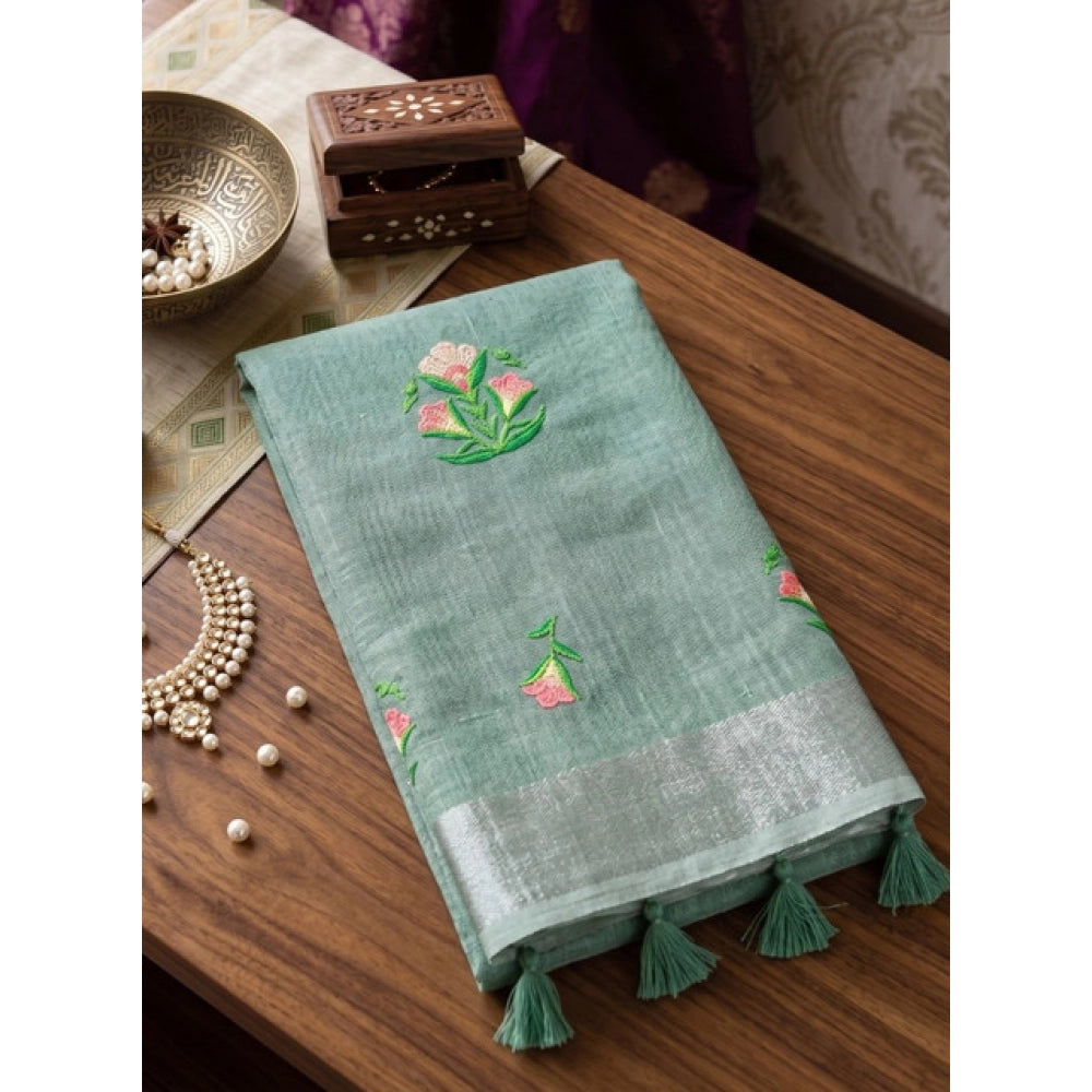 Women's Linen Embroidered Saree — Sea Green